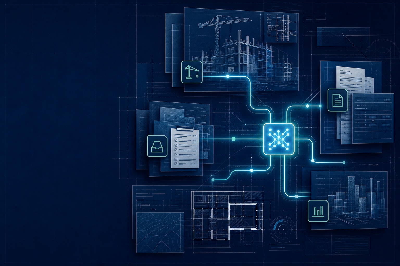 Technical blueprint connecting construction, documents, billing, and reporting workflows